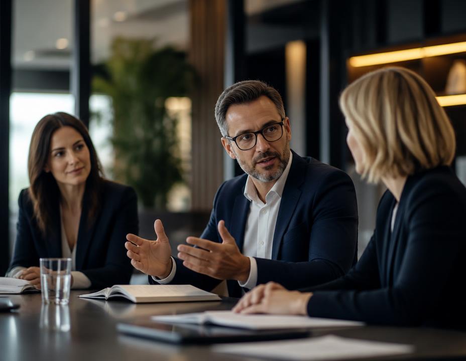 Corporate professionals collaborating in a modern conference room