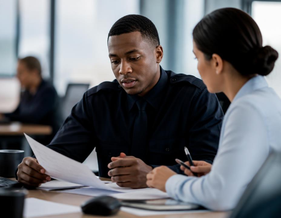 Law enforcement professional reviewing documents in a professional office setting