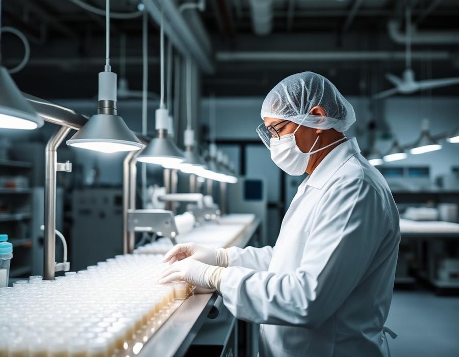 Pharmaceutical technician inspecting a cleanroom production line