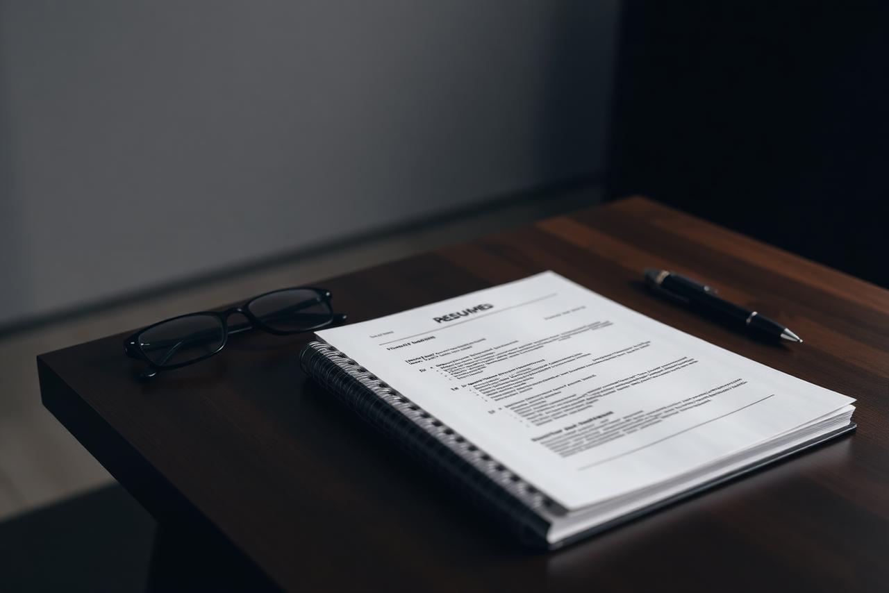 Printed resume and notebook on a desk beside reading glasses and a pen